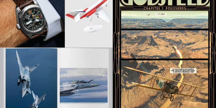 La montre Alti d'Aquilon & Co, la maquette Mystère 20 de The Store Dassault Aviation, Alpha Scramble de Jérémy Melloul et le premier tome de Godspeed de Romain Hugault.